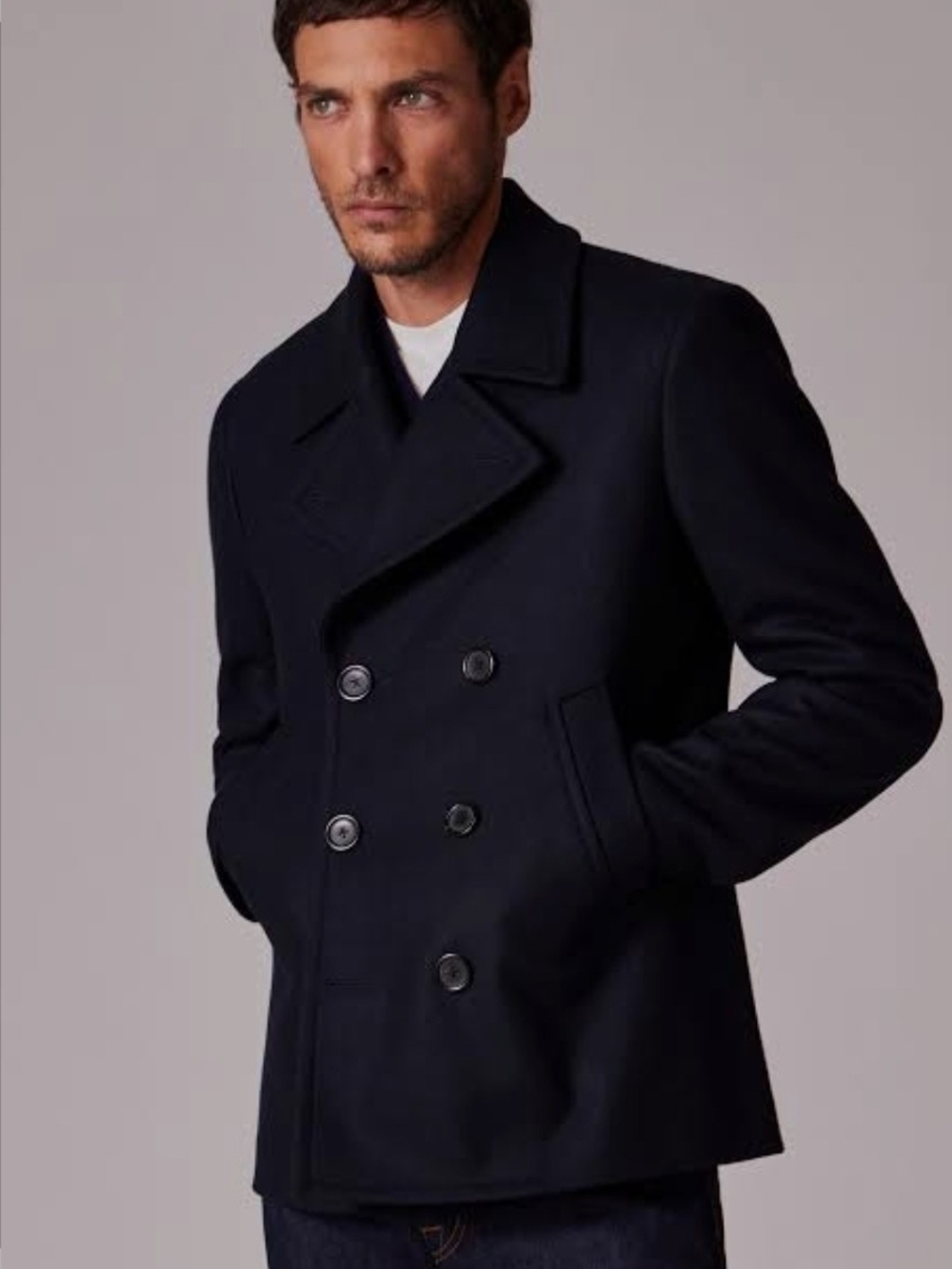 PS Paul Smith Wool Blend Pea Coat Men XL Black Double Breast Peacoat Nautical